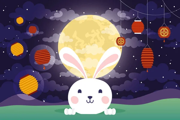 Affiche du festival de mi-automne avec scène lapin et lune — Image vectorielle