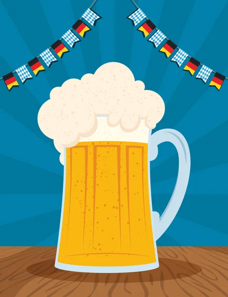 Plakát na oslavu oktoberfestu s nádobkou na pivo a věnci — Stockový vektor