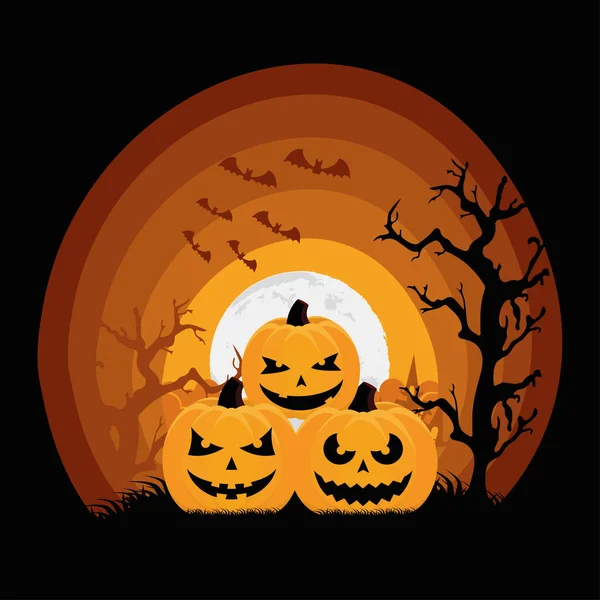 Feliz tarjeta de Halloween con calabazas y murciélagos volando — Vector de stock