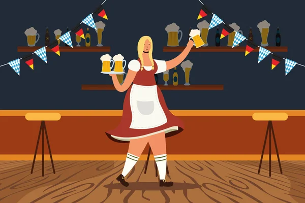 Bela mulher alemã bebendo cervejas em caráter bar — Vetor de Stock