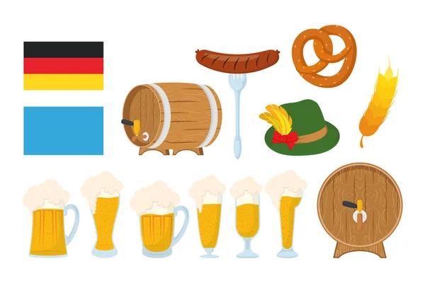 Плакат празднования праздника Октоберфест с пачкой пива и иконами — стоковый вектор