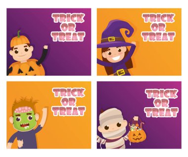 Mutlu cadılar bayramı kartı hileleri mektuplar ve kostümlü çocuklar