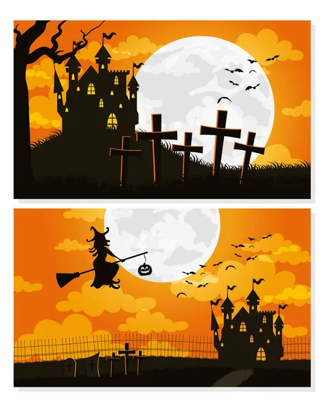Счастливая открытка на Хэллоуин с домом с привидениями и летающей ведьмой — стоковый вектор