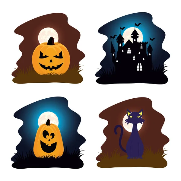 Gelukkig Halloween kaart met pompoenen en spookhuis scènes — Stockvector