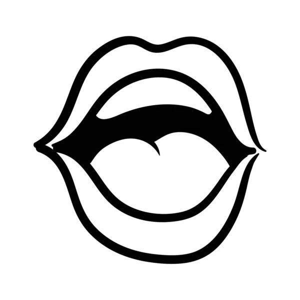 Sexi bocca e denti con lingua pop art linea icona stile — Vettoriale Stock