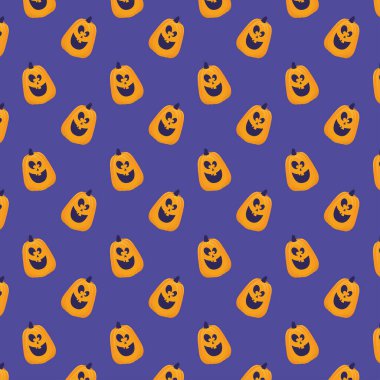 Mutlu cadılar bayramı kartları ve mor arka planda balkabağı yüzleri deseni