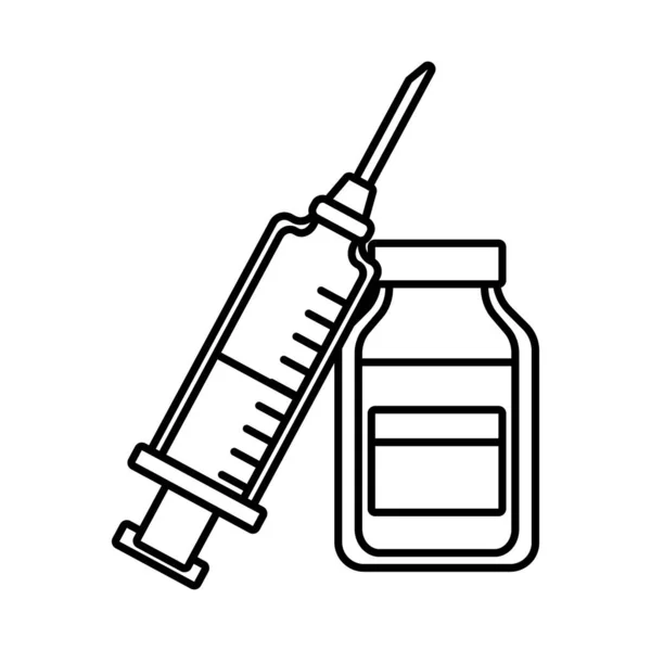 Seringue de vaccin avec bouteille médicaments style ligne icône — Image vectorielle