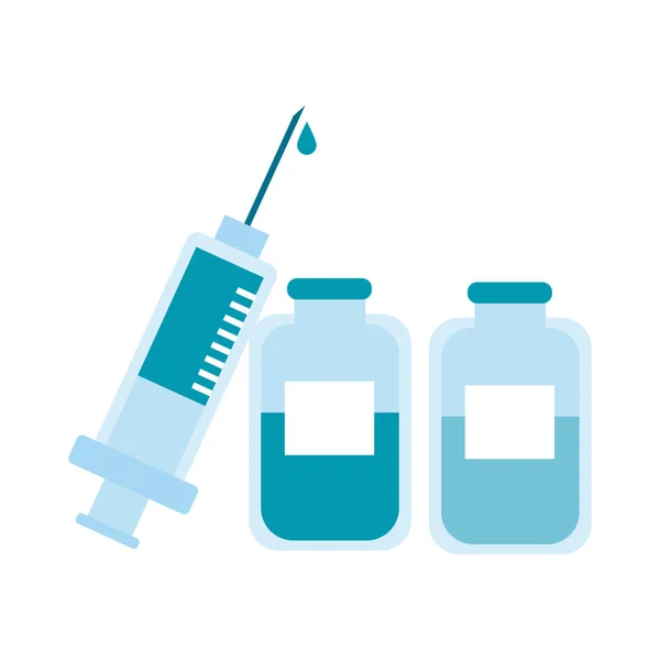 약 병 모양의 납작 한 아이콘이 들어 있는 백신 주사기 — 스톡 벡터