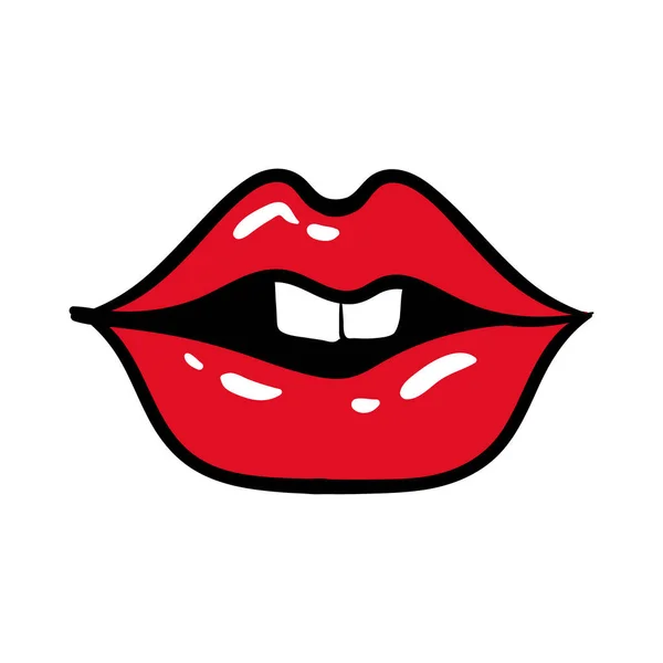セクシーな口と歯のポップアートラインと塗りつぶしスタイルのアイコン — ストックベクタ