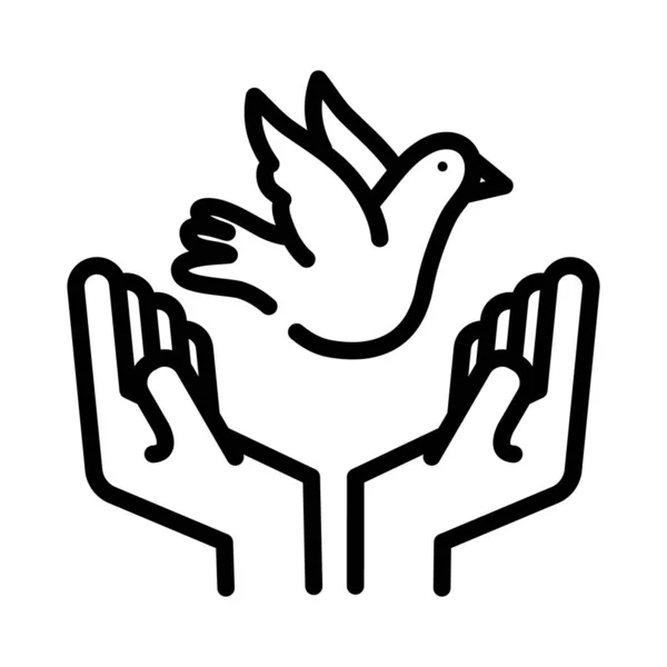 Mani di sollevamento pace colomba linea di volo icona di stile — Vettoriale Stock