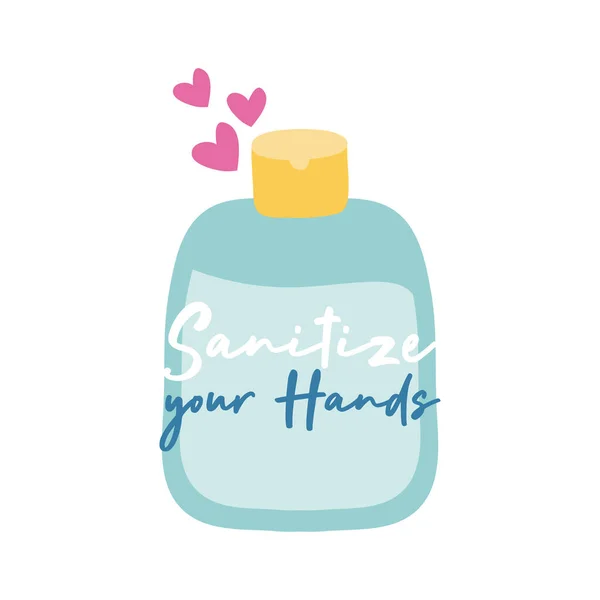 Igienizzare le mani campagna lettering con bottiglia di sapone e cuori in stile piatto — Vettoriale Stock