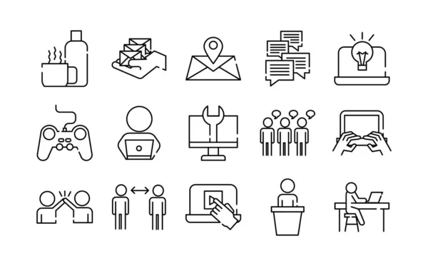 Pacote de quinze ícones de estilo de linha de conjunto de coworking —  Vetores de Stock