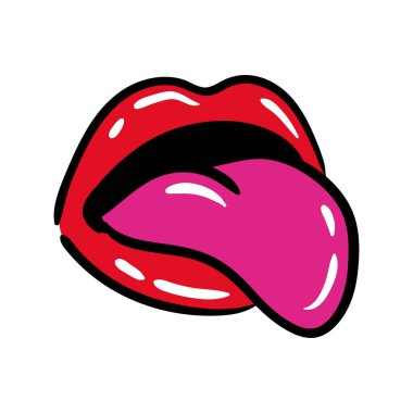 Seksi ağız ve dişler, dil, pop sanat çizgisi ve tarz simgesi.