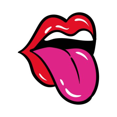 Seksi ağız ve dişler, dil, pop sanat çizgisi ve tarz simgesi.