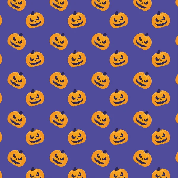 Glücklich halloween-Karte mit Kürbismuster in lila Hintergrund — Stockvektor