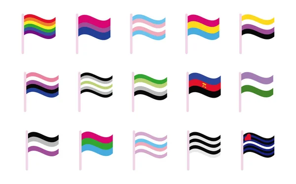 성적 지향의 다양 한 형태의 아이콘들이 떼지어 있는 젠더들의 깃발 — 스톡 벡터