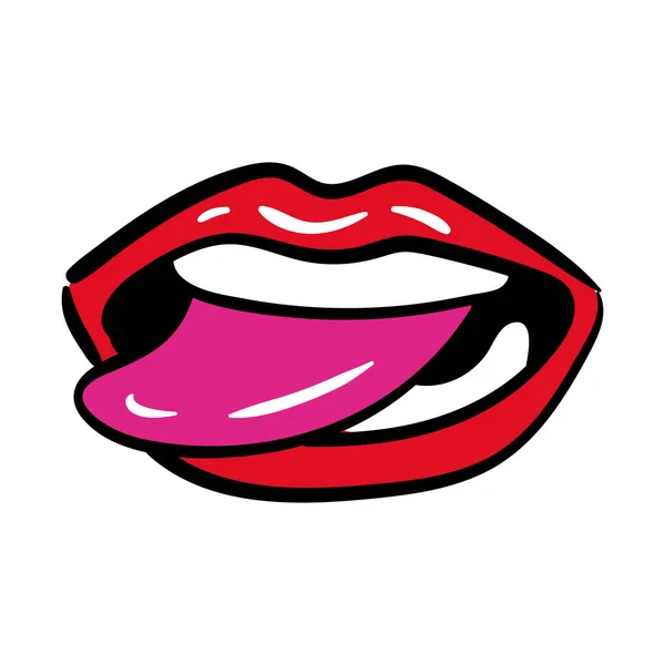 Sexi mond en tanden met tong uit pop art line en vul stijl pictogram — Stockvector