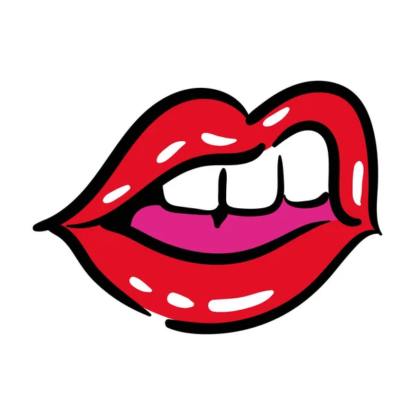 性感的嘴和牙齿与舌流行艺术线和填补风格图标 — 图库矢量图片