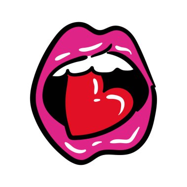 Seksi ağız ve dilli dişler. Dil yürekli. Sanat eseri çizgisi ve tarz simgesi.