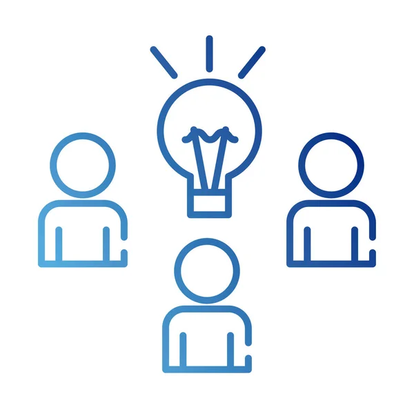 Figurines teamworkers avec icône de style de gradient de coworking ampoule — Image vectorielle