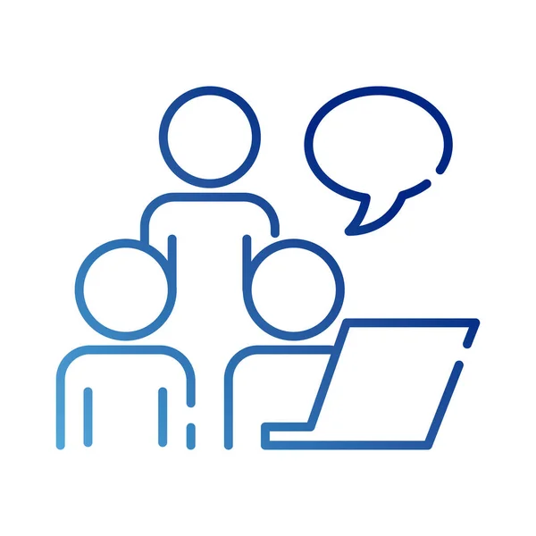 Trabalhadores de equipe com bolha de fala e ícone de estilo gradiente de coworking laptop — Vetor de Stock