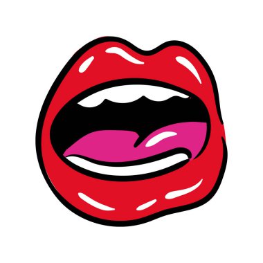 Seksi ağız ve dişler dil ile pop sanat çizgisi ve biçim simgesi