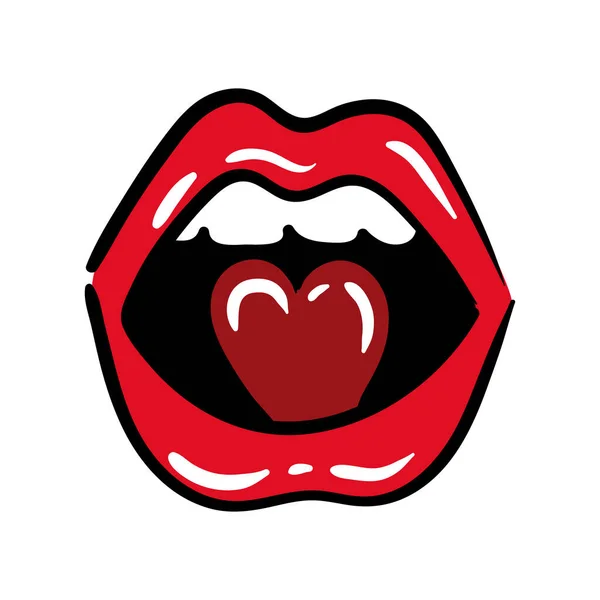 Sexi bocca e denti con la lingua pop art line e riempire l'icona di stile — Vettoriale Stock