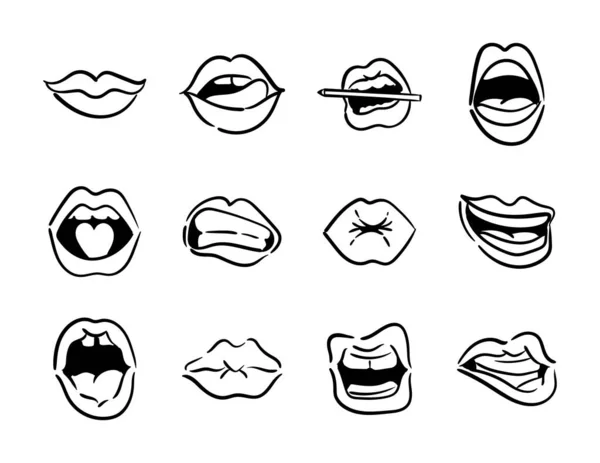 Bundle of twelve mouths pop art line style icons — Stock Vector