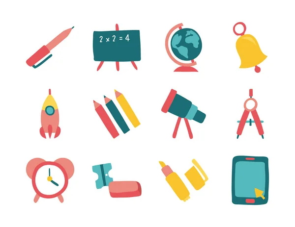 Paquete de doce artículos escolares iconos de estilo plano — Vector de stock