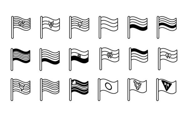 Fascio di bandiere di genere di orientamento sessuale icone di stile linea — Vettoriale Stock