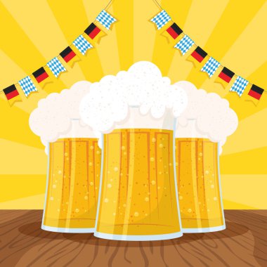 Ekim Festivali kutlama afişi. Bira kavanozları ve çelenklerle.