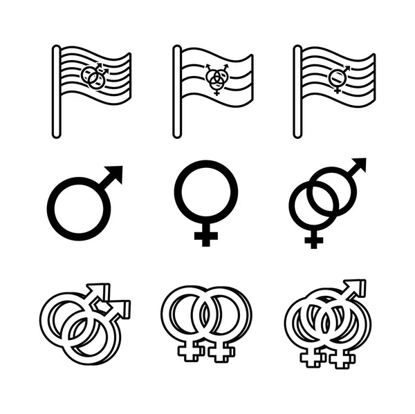 Paquete de géneros símbolos de orientación sexual y banderas línea estilo iconos — Vector de stock