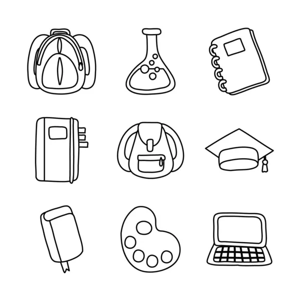 Bundle of nine school supplies line style icons — Stock Vector