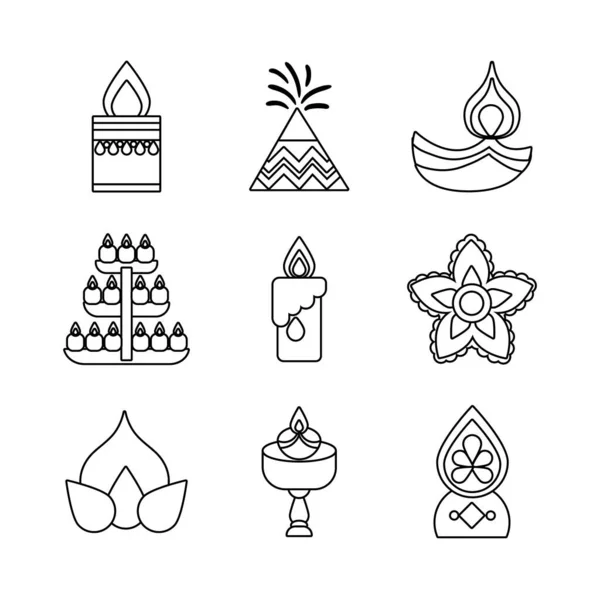 Bündel von neun Diwali Set Line Stil-Symbolen — Stockvektor