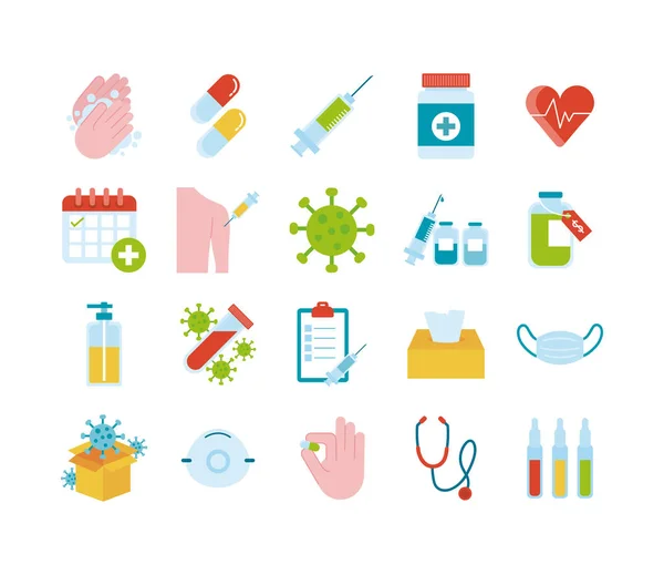 Pacote de vinte ícones de coleta de conjunto médico — Vetor de Stock