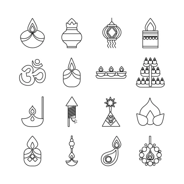 Paquet de seize diwali set line style — Image vectorielle