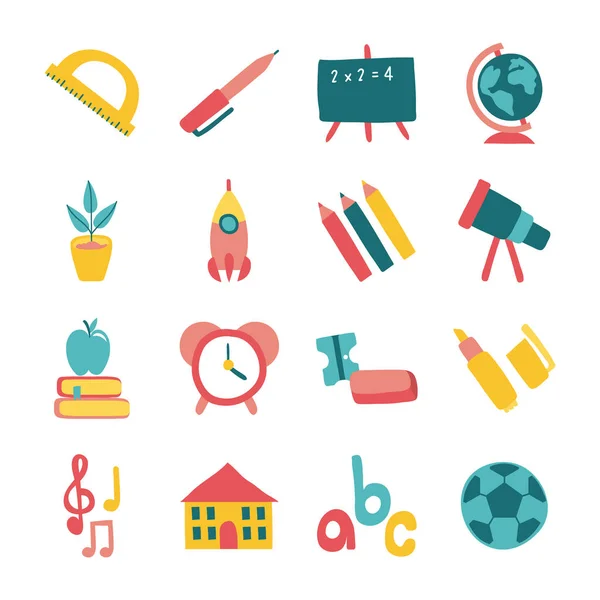 Svazek šestnácti školních potřeb plochý styl ikon — Stockový vektor