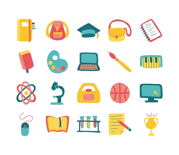 Bundle of twenty school supplies flat style icons — Stock Vector