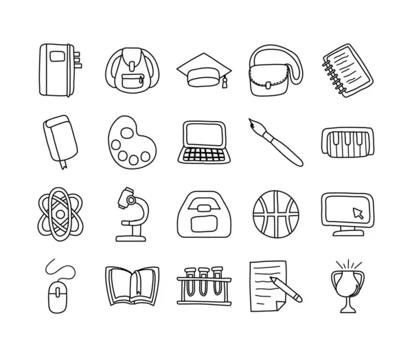 Pakiet dwudziestu ikon stylu linii materiałów szkolnych — Wektor stockowy