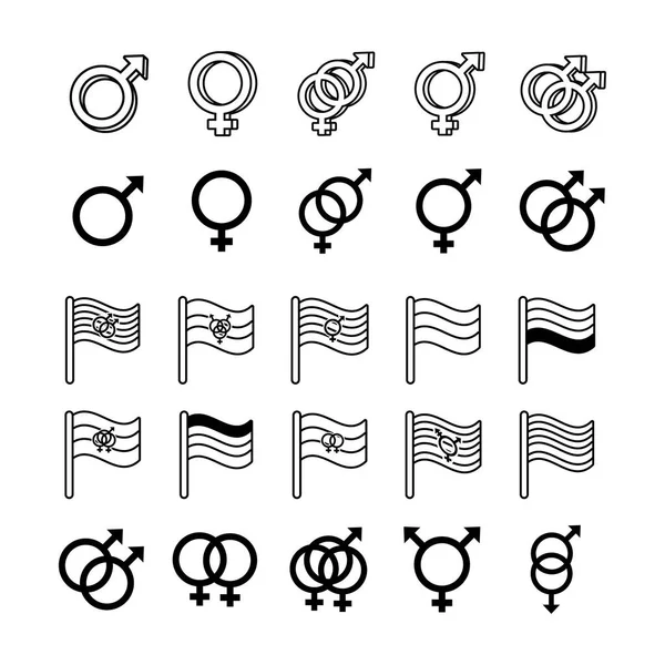 Paquete de géneros símbolos de orientación sexual y banderas línea estilo iconos — Vector de stock