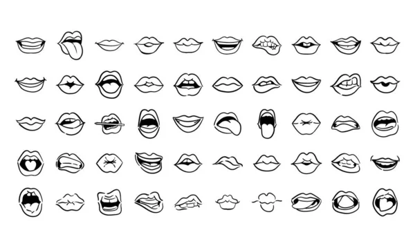 Paquet de cinquante bouches pop art style ligne icônes — Image vectorielle