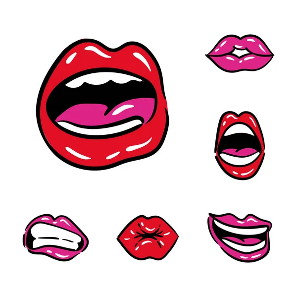Bundle of six mouths pop art line and fill style icons — Stock Vector