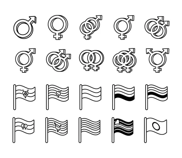 Bundel van geslacht symbolen van seksuele geaardheid en vlaggen lijn stijl pictogrammen — Stockvector