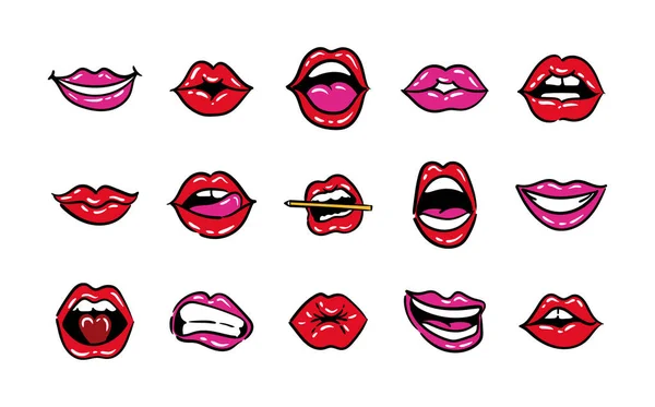 Bundle of fifteen mouths pop art line and fill style icons — Stock Vector