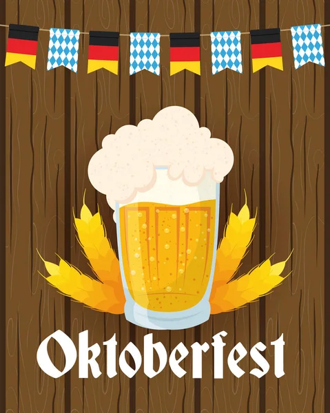 Letras fiesta oktoberfest en cartel con tarro de cerveza y cebada — Vector de stock