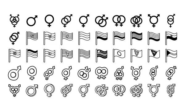 Bundel van geslacht symbolen van seksuele geaardheid en vlaggen lijn stijl pictogrammen — Stockvector