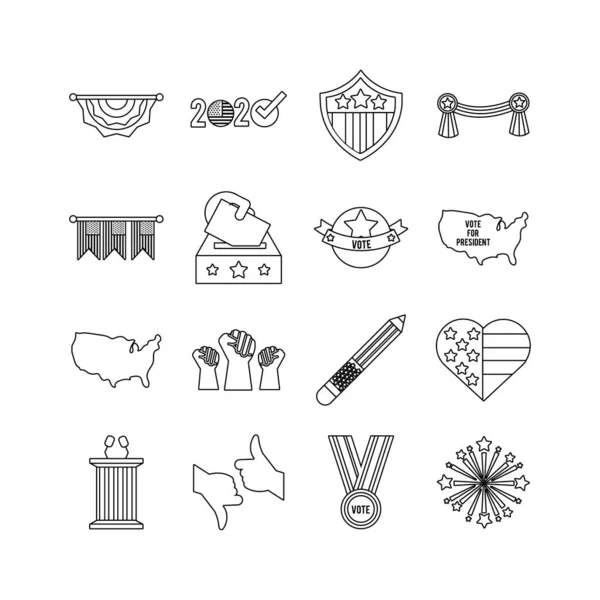 Pacote de dezesseis eleições EUA definir ícones de coleção — Vetor de Stock