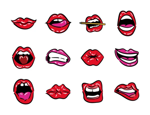 Paquete de doce bocas pop línea de arte y llenar iconos de estilo — Archivo Imágenes Vectoriales