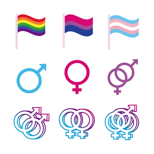 Bundle of genders symbols of sexual orientation and flags multy style icons — Stock Vector