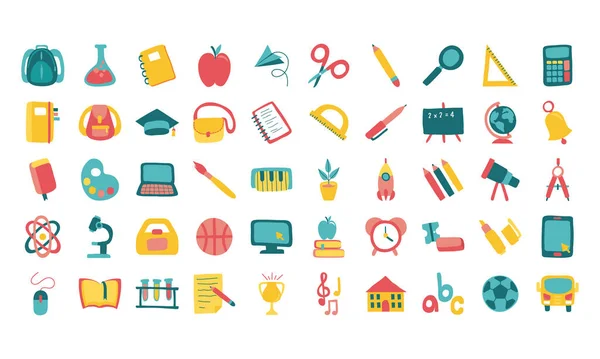 Paquete de cincuenta artículos escolares iconos de estilo plano — Vector de stock